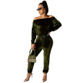 Hot Sell Autumn Fall 2021 Apparel Two Piece Set Women Clothing Velvet Neck Long Sleeve off Shoulder Two Piece Set